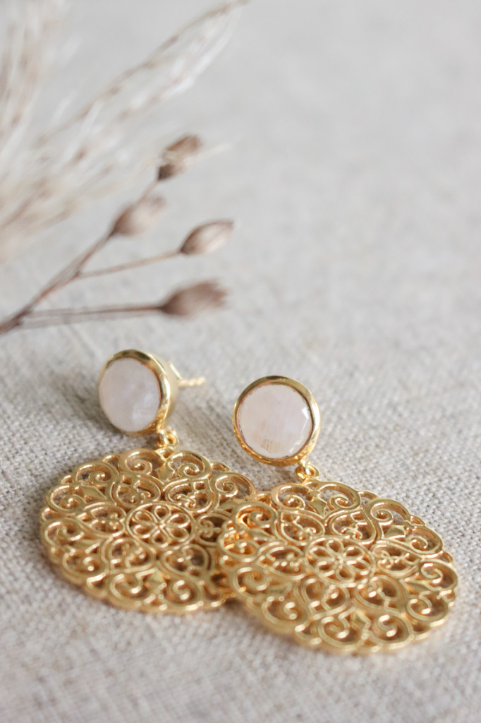 GOLD OHRSTECKER Regenbogen Mondstein MIT AMULETT RUND ART NR. GO 26