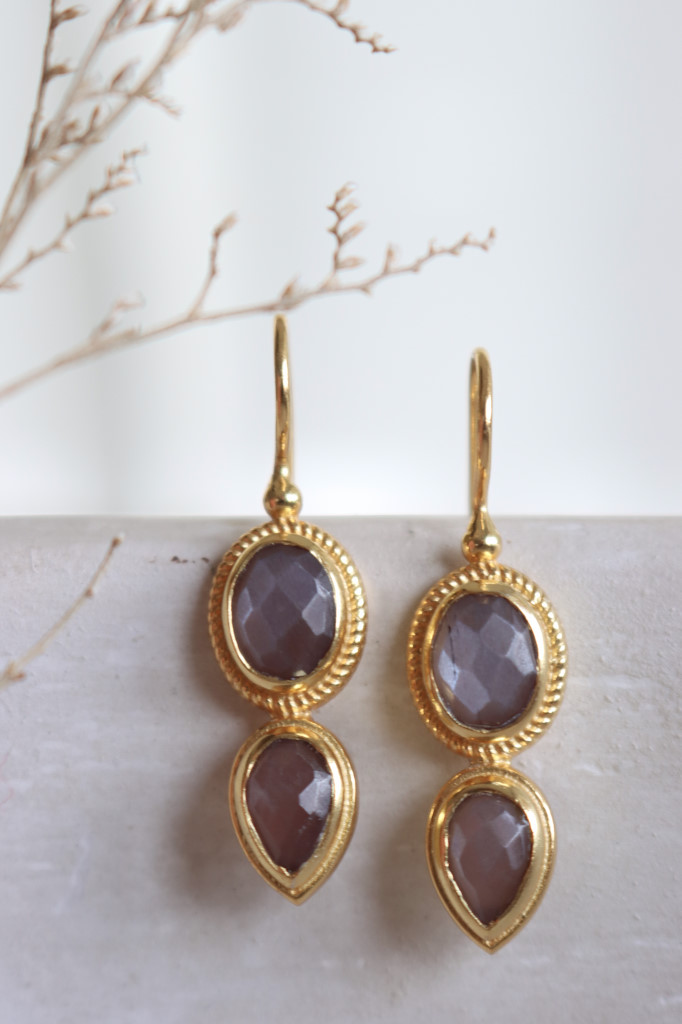 Gold Ohrenhänger Oval Doppel Tropf Chocclat Mondstein Art. nr. OH09-0087